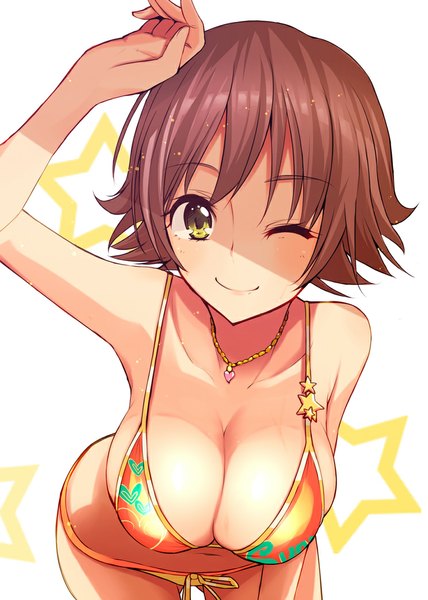 Anime picture 744x1044 with idolmaster idolmaster cinderella girls honda mio ichinose yuu single tall image looking at viewer blush fringe short hair breasts light erotic simple background smile brown hair large breasts standing white background yellow eyes one eye closed