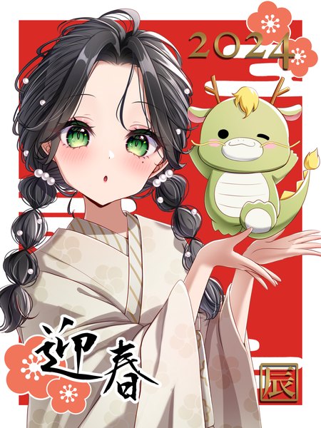 Anime picture 2048x2732 with original rkc single long hair tall image looking at viewer blush highres black hair green eyes upper body braid (braids) traditional clothes japanese clothes mole :o mole under eye twin braids border red background