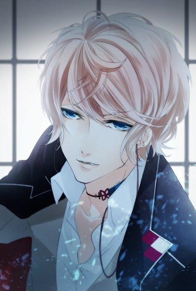 Anime picture 1181x1748 with diabolik lovers idea factory sakamaki shuu single tall image looking at viewer short hair blue eyes blonde hair light smile teeth open collar sharp teeth boy jacket vest