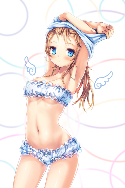 Anime picture 800x1198 with original juke single long hair tall image looking at viewer blush blue eyes light erotic blonde hair arms up armpit (armpits) underwear only undressing arched back :< frilled bra frilled panties girl navel