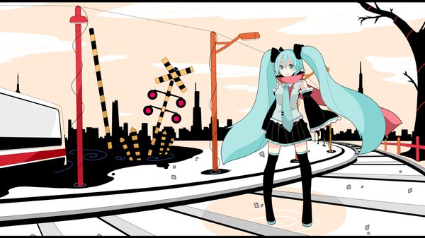 Anime picture 4096x2304 with vocaloid hatsune miku meneru single highres wide image twintails absurdres very long hair aqua eyes aqua hair girl thighhighs skirt black thighhighs detached sleeves miniskirt necktie scarf