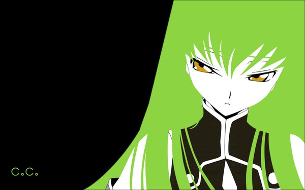 Anime picture 1920x1200 with code geass sunrise (studio) c.c. single long hair fringe highres wide image brown eyes looking away green hair inscription black background girl