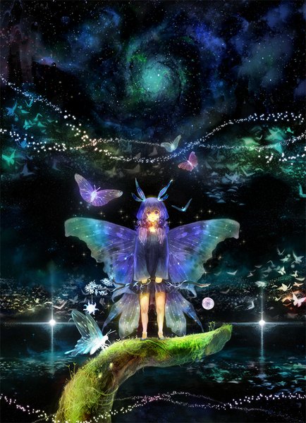 Anime picture 724x1000 with original chibi (shimon) single long hair tall image purple eyes twintails sky purple hair reflection space insect wings butterfly wings girl dress wings water insect butterfly moon