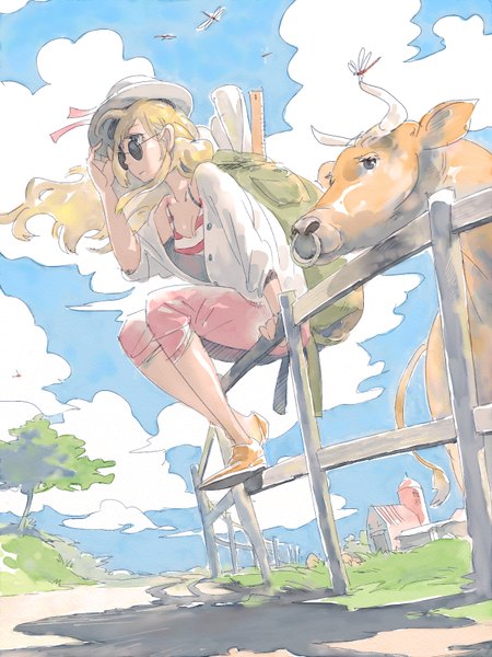 Anime picture 1200x1600 with original pomodorosa long hair tall image blonde hair sitting sky cloud (clouds) full body wind grey eyes casual girl plant (plants) hat animal tree (trees) shorts bird (birds) insect