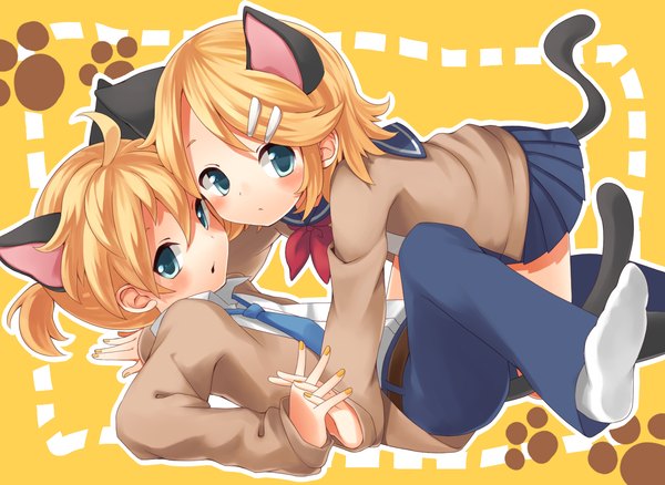 Anime picture 1400x1024 with vocaloid kagamine rin kagamine len konya looking at viewer blush short hair open mouth blonde hair animal ears ahoge ponytail tail lying nail polish pleated skirt barefoot aqua eyes cat ears cat girl