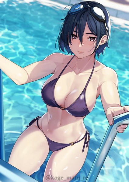 Anime picture 1736x2456 with original kagematsuri single tall image looking at viewer fringe highres short hair breasts light erotic black hair hair between eyes large breasts holding brown eyes signed from above mole twitter username partially submerged