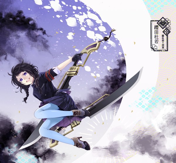 Anime picture 1200x1110 with original azsio single long hair looking at viewer open mouth black hair purple eyes holding sky cloud (clouds) braid (braids) pleated skirt short sleeves twin braids happy girl skirt gloves weapon