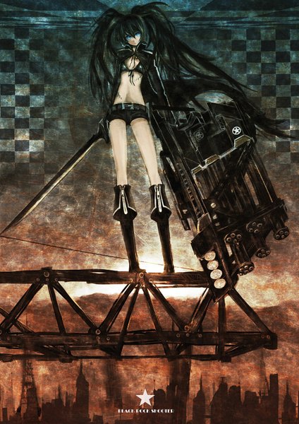 Anime picture 2480x3508 with black rock shooter black rock shooter (character) litlicha (pixiv) single long hair tall image highres blue eyes black hair twintails inscription scar checkered background girl weapon sword shorts star (symbol) gun