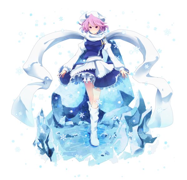 Anime picture 1605x1550 with touhou letty whiterock single short hair pink hair pink eyes snowing girl dress boots scarf snowflake (snowflakes) ice