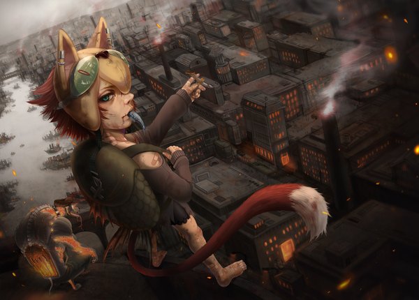 Anime picture 2000x1435 with original acid highres short hair animal ears animal tail looking back barefoot cat girl piercing mouth hold torn clothes city glowing smoke squat cityscape glowing eye (eyes) city lights river