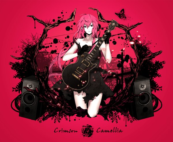 Anime picture 1359x1117 with vocaloid megurine luka arisaka ako single long hair blue eyes bare shoulders pink hair very long hair girl dress gloves petals black dress insect butterfly sundress musical instrument guitar speakers