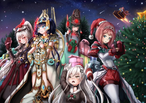 Anime picture 2339x1654 with kantai collection starcraft blizzard entertainment amatsukaze destroyer kawakaze (kantai collection) ark royal (kantai collection) alarak artanis wakaura asaho long hair highres short hair open mouth blue eyes red eyes multiple girls holding brown eyes blue hair white hair