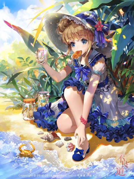 Anime picture 650x866 with furyou michi ~gang road~ tob single tall image blush fringe short hair blue eyes blonde hair sitting holding sky cloud (clouds) inscription short sleeves kneeling mouth hold looking down eating summer