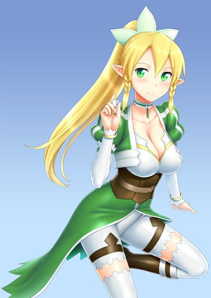 Anime picture 718x1012 with sword art online a-1 pictures leafa st.germain-sal single long hair tall image looking at viewer blush simple background blonde hair green eyes ponytail braid (braids) pointy ears twin braids elf girl thighhighs dress