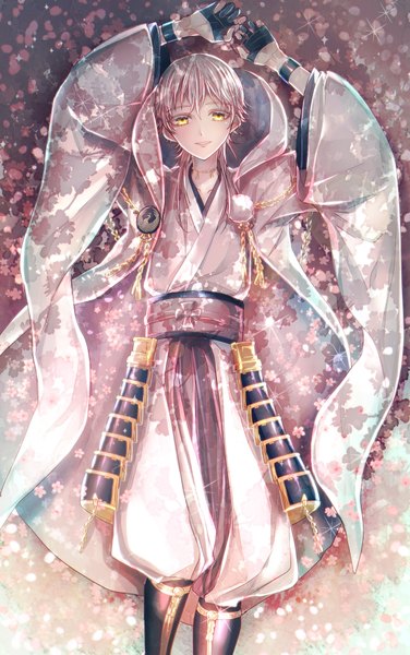 Anime picture 1256x2000 with touken ranbu nitroplus tsurumaru kuninaga abandon ranka single long hair tall image looking at viewer fringe hair between eyes yellow eyes silver hair lying traditional clothes japanese clothes light smile sparkle boy gloves flower (flowers)