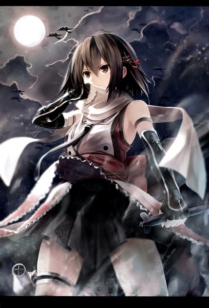 Anime picture 1000x1474 with kantai collection sendai light cruiser fami (yellow skies) single tall image fringe short hair breasts hair between eyes brown hair bare shoulders holding brown eyes looking away sky cloud (clouds) outdoors pleated skirt arm up wind