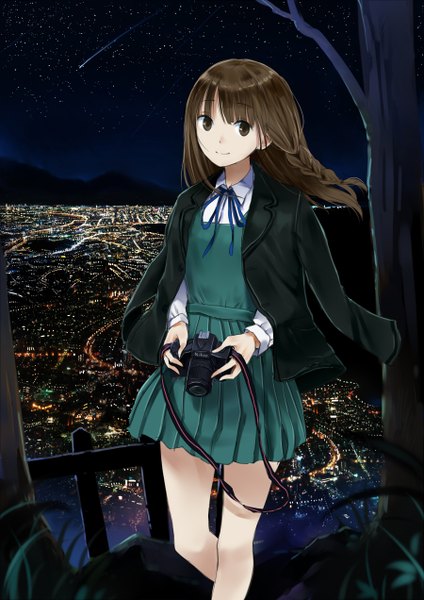 Anime picture 900x1272 with original maigoyaki long hair tall image looking at viewer smile brown hair black eyes open clothes open jacket city cityscape city lights girl skirt uniform plant (plants) school uniform tree (trees) jacket