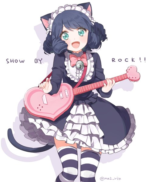 Anime picture 792x948 with show by rock!! studio bones cyan (show by rock!!) strawberry heart marin (myuy 3) single tall image looking at viewer blush fringe short hair open mouth black hair simple background white background green eyes signed animal ears tail animal tail
