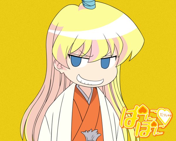 Anime picture 1280x1024 with pani poni dash! rebecca miyamoto single long hair fringe blue eyes blonde hair smile hair between eyes looking away upper body traditional clothes japanese clothes copyright name grin yellow background girl kimono