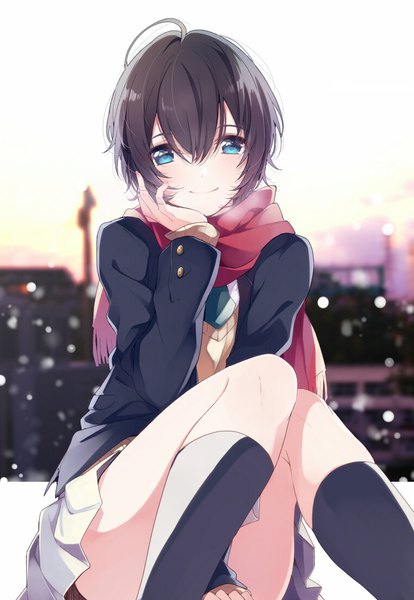 Anime picture 760x1100 with original umiko (munemiu) single tall image looking at viewer blush fringe short hair black hair smile hair between eyes sitting ahoge bent knee (knees) pleated skirt aqua eyes blurry open clothes city cityscape