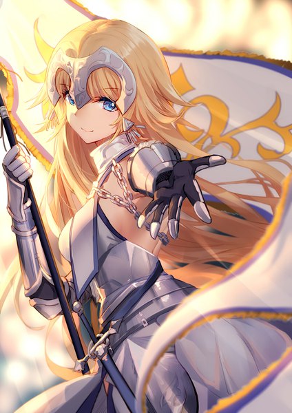 Anime picture 800x1131 with fate (series) fate/apocrypha jeanne d'arc (fate) (all) jeanne d'arc (fate) bison cangshu single long hair tall image looking at viewer fringe blue eyes blonde hair smile standing wind outstretched hand girl armor armored dress banner