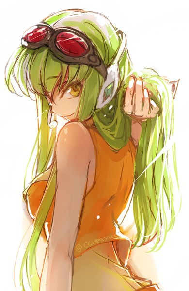 Anime picture 553x850 with code geass vocaloid sunrise (studio) gumi c.c. creayus single long hair tall image looking at viewer fringe simple background smile white background bare shoulders signed yellow eyes green hair cosplay gumi (cosplay)