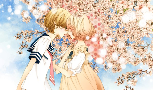 Anime picture 1200x713 with original sizh short hair blonde hair wide image multiple girls green eyes cloud (clouds) eyes closed couple cherry blossoms shoujo ai almost kiss girl dress uniform flower (flowers) 2 girls school uniform serafuku