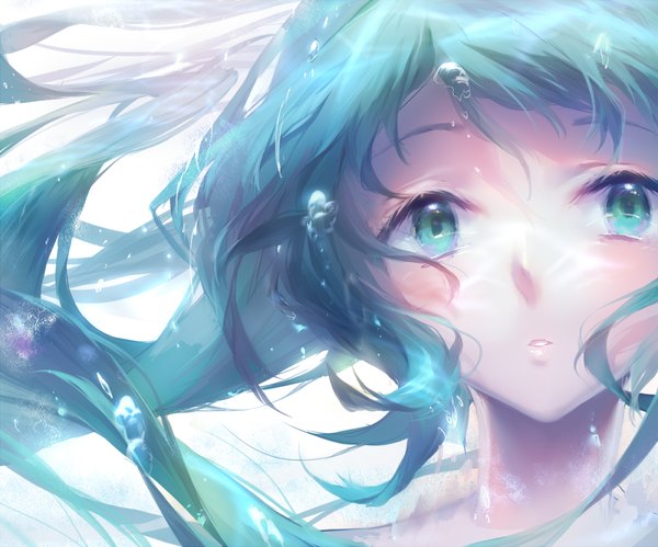 Anime picture 1000x833 with vocaloid hatsune miku yuket single long hair looking at viewer blush fringe simple background white background green eyes payot upper body parted lips lips aqua hair floating hair underwater girl water