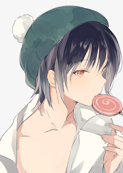 Anime picture 650x914 with original lpip single tall image fringe short hair black hair simple background holding brown eyes payot looking away upper body profile grey background open clothes open shirt food in mouth boy hat