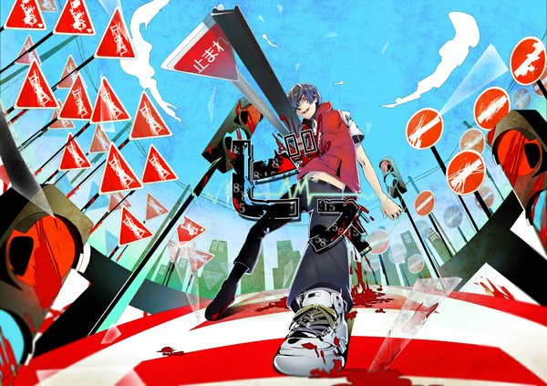 Anime picture 1000x706 with kagerou project shaft (studio) nico nico singer daikingai (artist) single fringe short hair holding blue hair sky cloud (clouds) light smile hair over one eye orange eyes city cityscape silhouette blood vest jeans