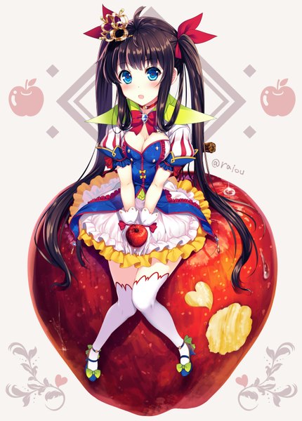 Anime picture 1221x1705 with snow white and the seven dwarfs snow white raiou single long hair tall image looking at viewer blush fringe breasts open mouth blue eyes black hair large breasts sitting twintails holding signed cleavage ahoge