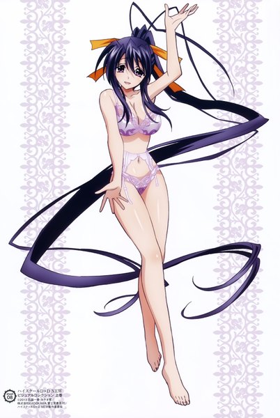 Anime picture 4677x6980 with highschool dxd himejima akeno mishima hiroji single tall image looking at viewer highres open mouth light erotic white background purple eyes absurdres purple hair ponytail very long hair scan official art bare legs underwear only girl
