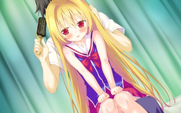 Anime picture 2048x1280 with irotoridori no sekai nikaidou shinku shida kazuhiro long hair blush highres blonde hair red eyes wide image sitting game cg loli girl