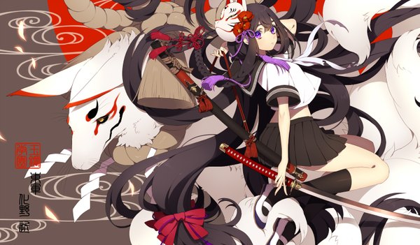 Anime picture 1537x900 with original ni02 (asahi nini) single long hair black hair wide image purple eyes mask on head girl skirt uniform weapon school uniform sword socks katana black socks mask