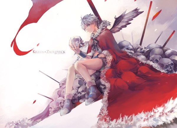 Anime picture 4843x3508 with hunter x hunter killua zaoldyeck cp .ieng single looking at viewer highres short hair blue eyes white background sitting signed absurdres silver hair inscription boy wings boots chain cloak skull