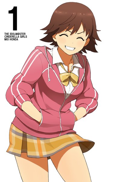 Anime picture 635x1007 with idolmaster idolmaster cinderella girls honda mio accho (macchonburike) single tall image blush short hair simple background smile brown hair white background teeth copyright name character names ^ ^ hands in pockets girl skirt uniform
