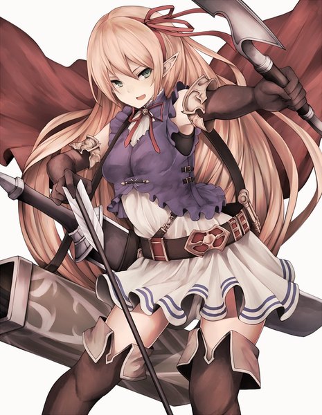 Anime picture 800x1033 with shadowverse arisa (shadowverse) snm (sunimi) single long hair tall image looking at viewer fringe open mouth simple background blonde hair smile hair between eyes white background holding green eyes :d pointy ears zettai ryouiki outstretched arm