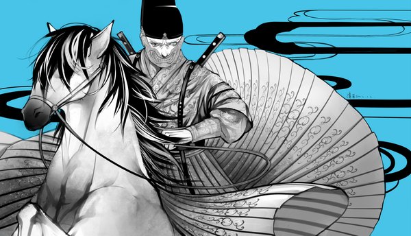 Anime picture 1280x734 with a dragon fly (game) kiyoshi shin simple background wide image monochrome blue background warrior weapon hat animal horse