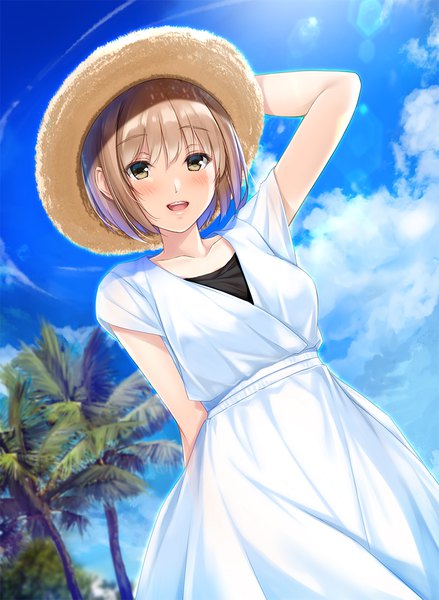 Anime picture 801x1096 with original n69 single tall image looking at viewer blush short hair open mouth brown hair brown eyes sky cloud (clouds) from below girl dress plant (plants) hat tree (trees) sundress palm tree