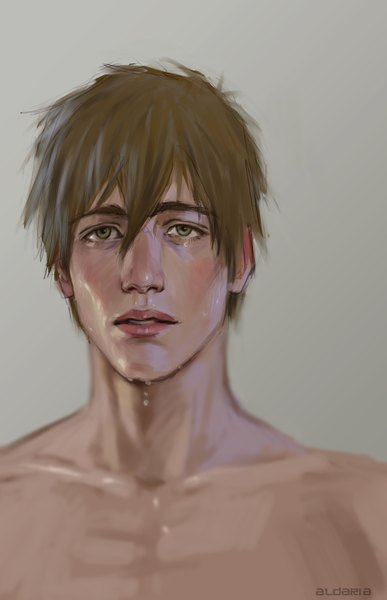 Anime picture 2000x3100 with free! kyoto animation tachibana makoto aldaria single tall image highres short hair simple background brown hair green eyes signed realistic grey background teeth wet shirtless boy water drop