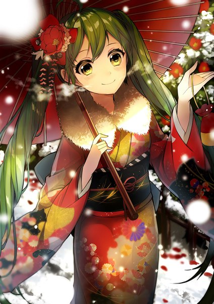 Anime picture 662x936 with vocaloid hatsune miku sogawa single tall image fringe smile twintails yellow eyes ahoge very long hair traditional clothes japanese clothes green hair depth of field snowing looking up winter snow exhalation