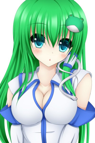 Anime picture 1200x1800 with touhou kochiya sanae tapisuke single long hair tall image looking at viewer blush blue eyes white background cleavage green hair girl hair ornament detached sleeves hair tubes