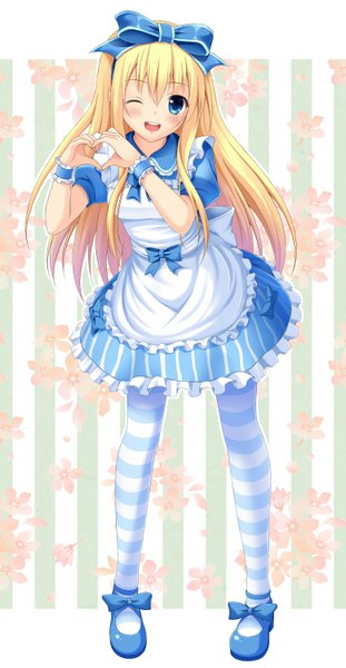 Anime picture 778x1500 with alice in wonderland alice (wonderland) korotan single long hair tall image looking at viewer blush open mouth blue eyes blonde hair one eye closed wink girl dress bow hair bow frills