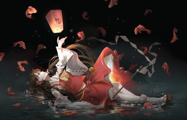 Anime picture 4172x2695 with touhou hakurei reimu luomo single long hair fringe highres open mouth smile brown hair holding brown eyes payot absurdres full body lying long sleeves traditional clothes japanese clothes profile