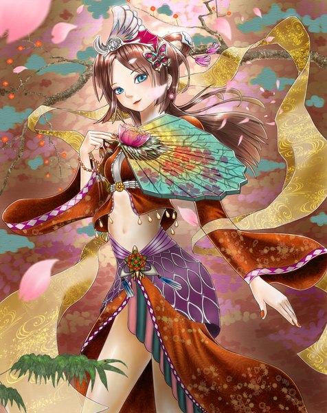 Anime picture 1552x1954 with original doora (dora0913) single long hair tall image looking at viewer blue eyes brown hair midriff cherry blossoms girl dress navel hair ornament petals branch fan butterfly hair ornament