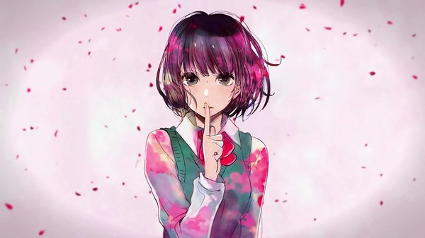 Anime picture 1920x1080 with kuzu no honkai yasuraoka hanabi weda (artist) single looking at viewer highres short hair simple background brown hair wide image upper body parted lips wind grey eyes wallpaper gradient background finger to mouth pink background girl uniform
