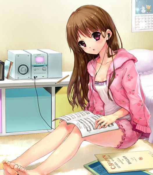 Anime picture 900x1027 with original momoko (momopoco) single long hair tall image looking at viewer blush fringe open mouth brown hair sitting bent knee (knees) head tilt pink eyes barefoot open jacket bare legs :o food print cherry print