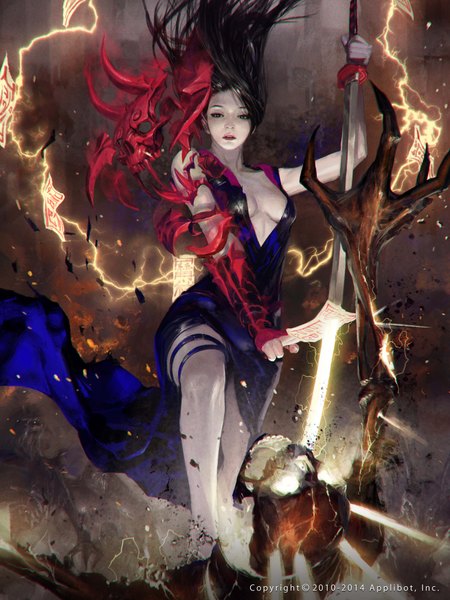 Anime picture 3000x4000 with totorrl (artist) single long hair tall image highres open mouth light erotic black hair holding cleavage no bra glowing glowing weapon girl dress weapon sword katana blue dress