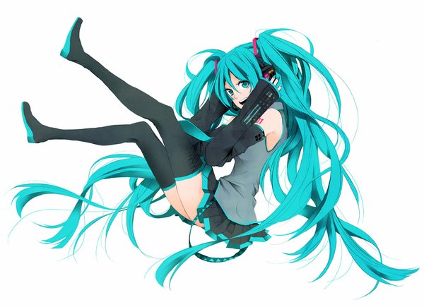 Anime picture 1000x726 with vocaloid hatsune miku nagi kanami single open mouth simple background white background twintails very long hair aqua eyes aqua hair girl detached sleeves miniskirt thigh boots