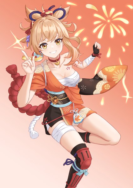 Anime picture 1800x2546 with genshin impact yoimiya (genshin impact) jiu fanglianhua single tall image looking at viewer highres short hair blonde hair smile yellow eyes ponytail traditional clothes japanese clothes tattoo grin gradient background fireworks asymmetrical hair girl